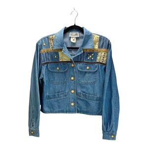 Vtg City Girl Sport Denim Jacket Embellished Geometric Print Blue Women's Size 6